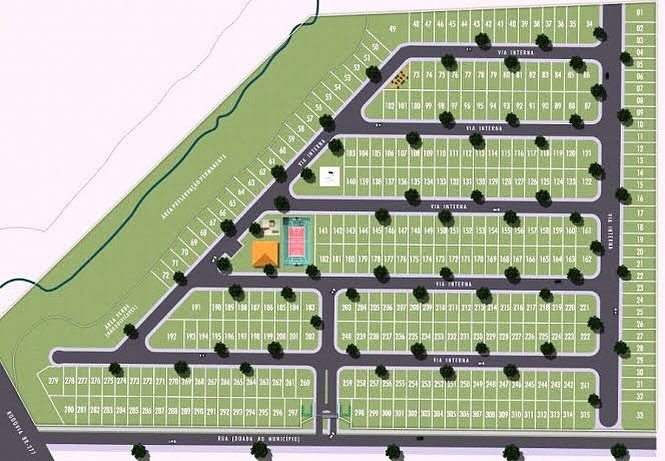 Planta de loteamento urbano com quadras, lotes numerados e vias internas